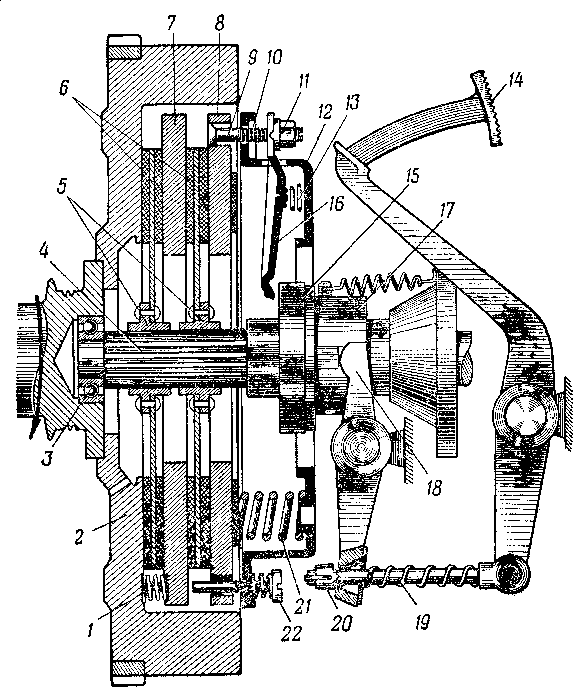 Схема двухдискового сцепления (автомобиль ЗИС-150)