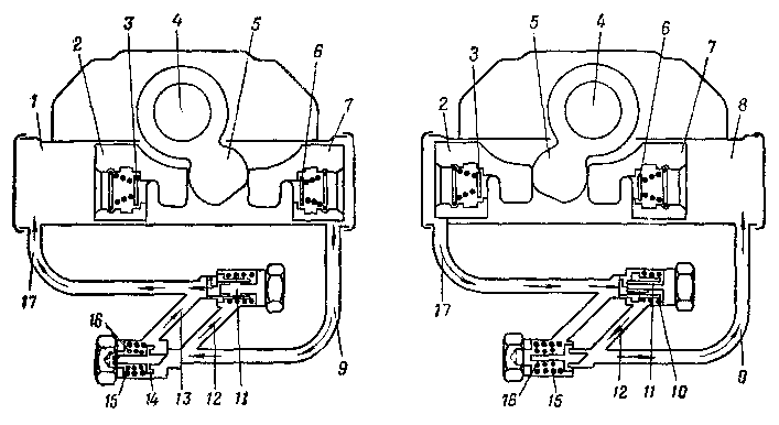 Упрощенная схема гидравлического амортизатора двухстороннего действия (автомобиль ГАЗ-51)