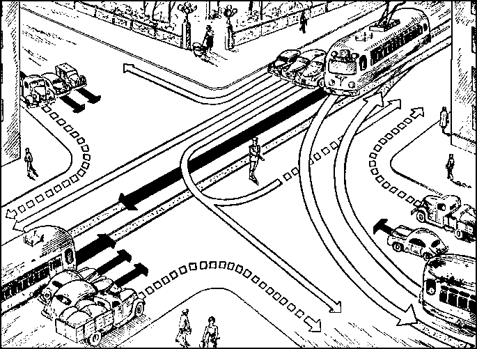 Схема направлений движения транспорта при положении и жесте милиционера-регулировщика, запрещающих пересечение перекрестка с трех сторон и обеспечивающих беспрепятственный поворот налево с одной стороны