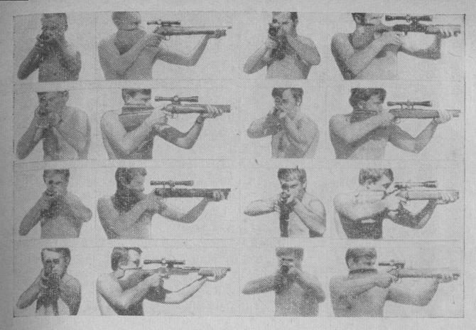 Расположение рук у ведущих спортсменов при изготовке для стрельбы по мишени "Бегущий кабан", 1971-1972 гг.