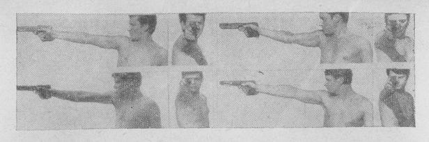 Положение правой руки и постановка головы у ведущих спортсменов при стрельбе из самозарядного произвольного пистолета по силуэтам, 1971-1972 гг.