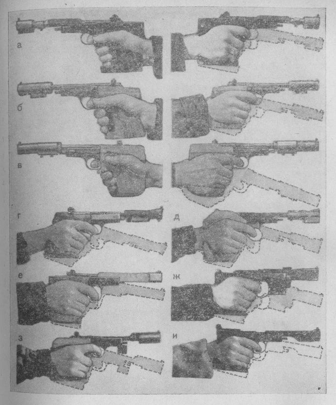 "Хватка" - удерживание пистолета кистью руки (пунктиром показан предельный наклон оружия вниз), 1958-1961 гг.